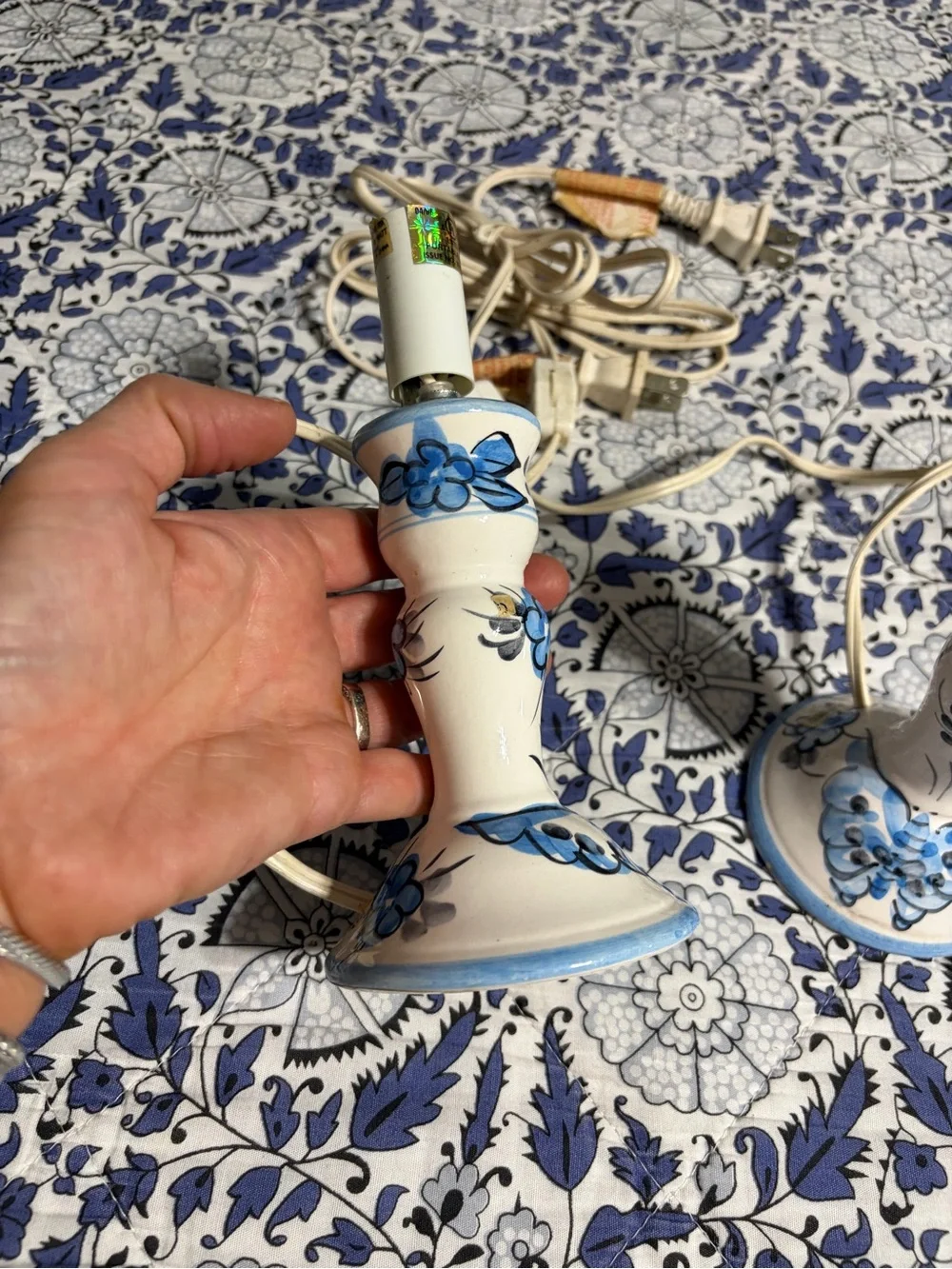 Vintage Blue and White Floral Ceramic Candlestick Lamps - Pair hand painted EUC